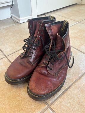 Dr. Martens Burgundy Leather Lace-Up Combat Boots with Black Laces